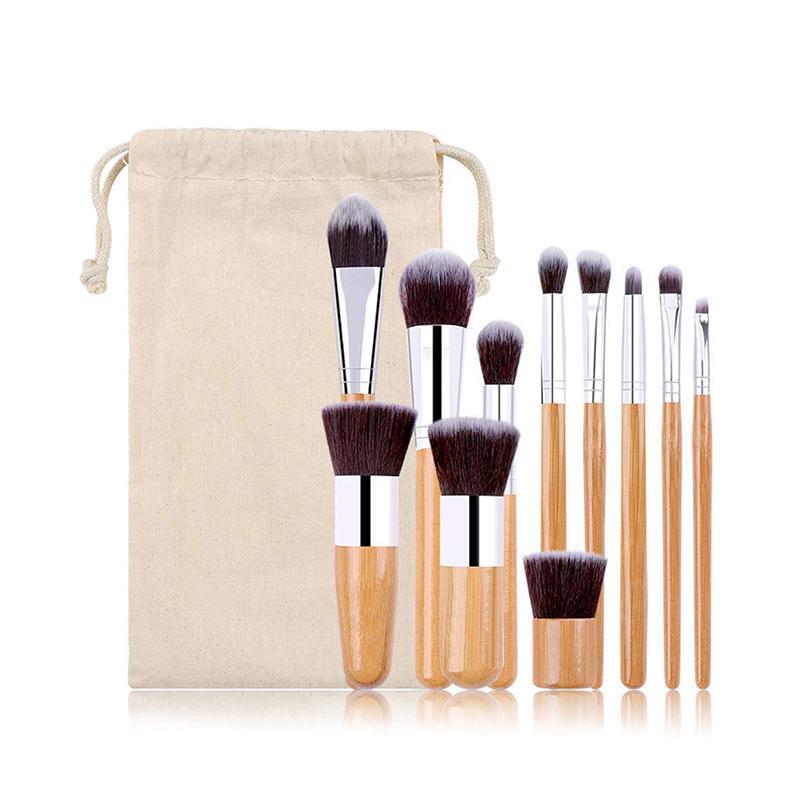 Lucky Beauty Bamboo Brush Set of 11 pcs with soft bristles and sustainable bamboo handles, displayed in a stylish linen cotton bag.