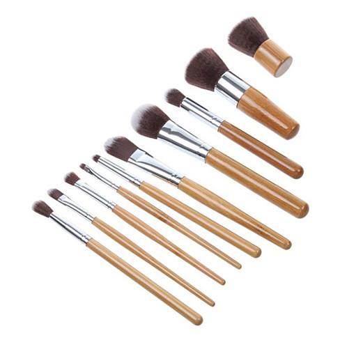 Lucky Beauty Bamboo Brush Set of 11 pcs with soft bristles and sustainable bamboo handles, displayed in a stylish linen cotton bag.