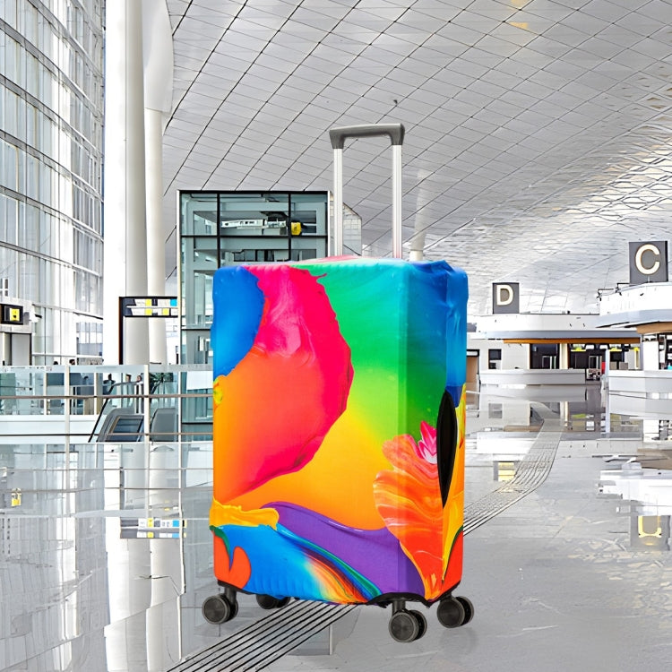 Luggage Protective Cover in vibrant colors, showcasing its stretch fabric and hook and loop fastener design.