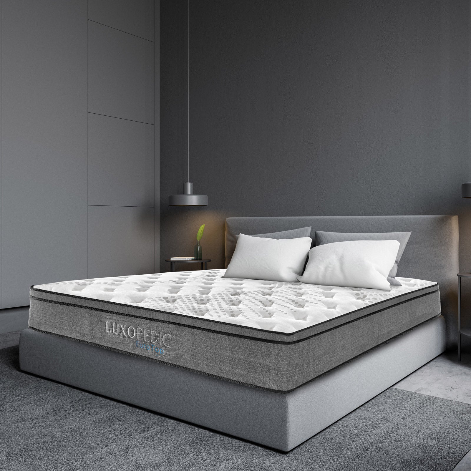 Luxopedic Pocket Spring Mattress showcasing 5-zone design and plush Euro Top layer, featuring a cool-touch quilted cover in a contemporary white-grey color.