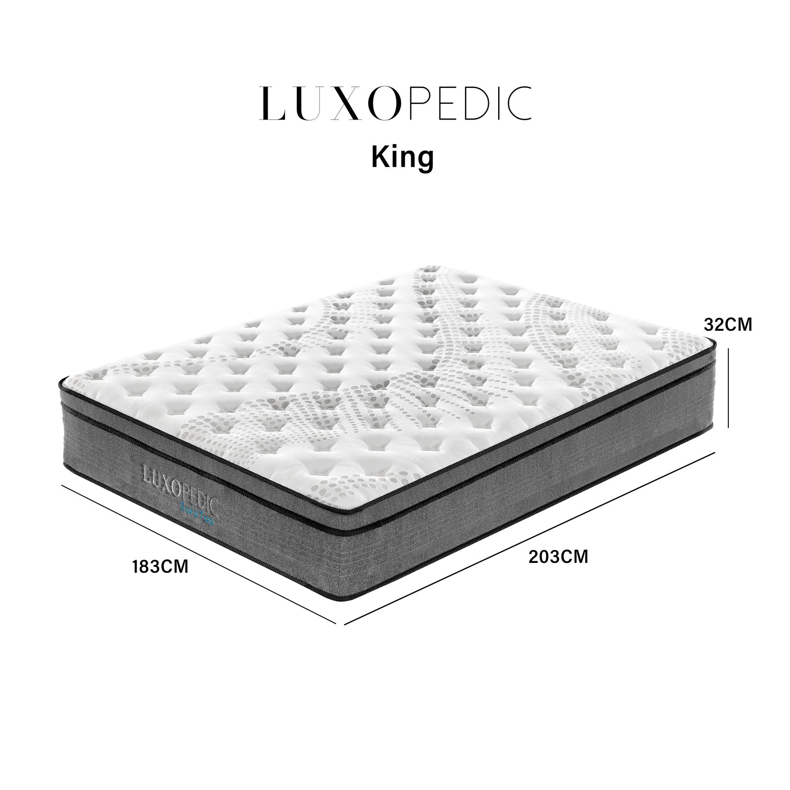 Luxopedic Pocket Spring Mattress showcasing 5-zone design and plush Euro Top layer, featuring a cool-touch quilted cover in a contemporary white-grey color.