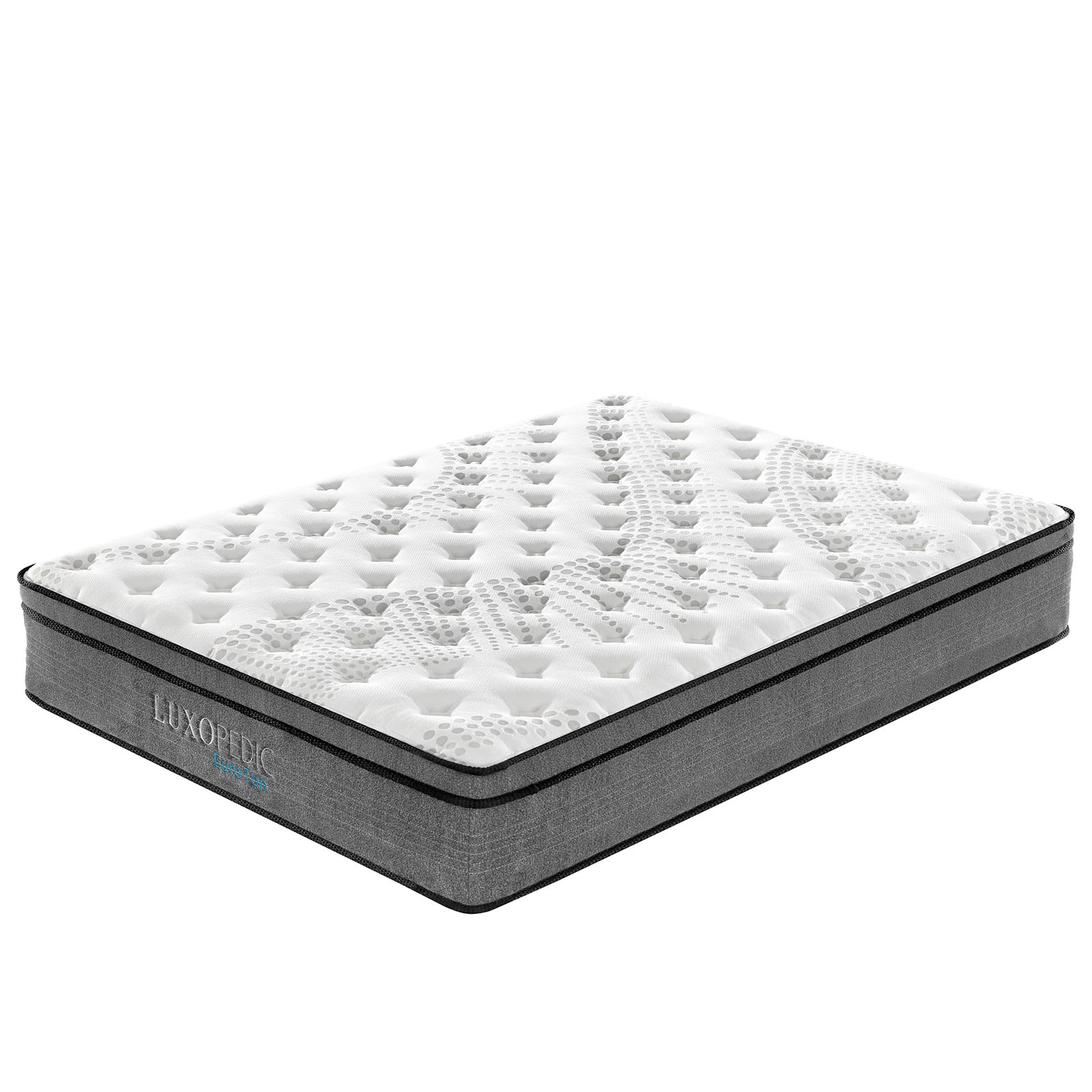 Luxopedic Pocket Spring Mattress showcasing 5-zone design and plush Euro Top layer, featuring a cool-touch quilted cover in a contemporary white-grey color.