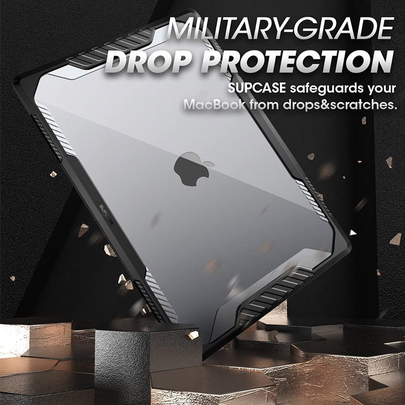 MacBook Pro 14 Case in black, showcasing a slim design with a clear back and rubberized TPU bumper for shock absorption.