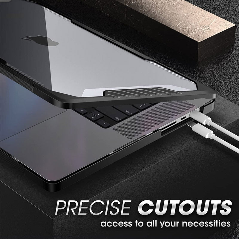 MacBook Pro 14 Case in black, showcasing a slim design with a clear back and rubberized TPU bumper for shock absorption.