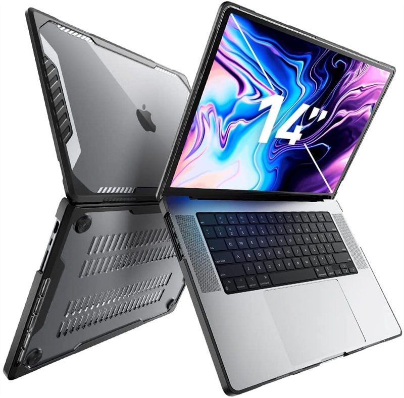 MacBook Pro 14 Case in black, showcasing a slim design with a clear back and rubberized TPU bumper for shock absorption.