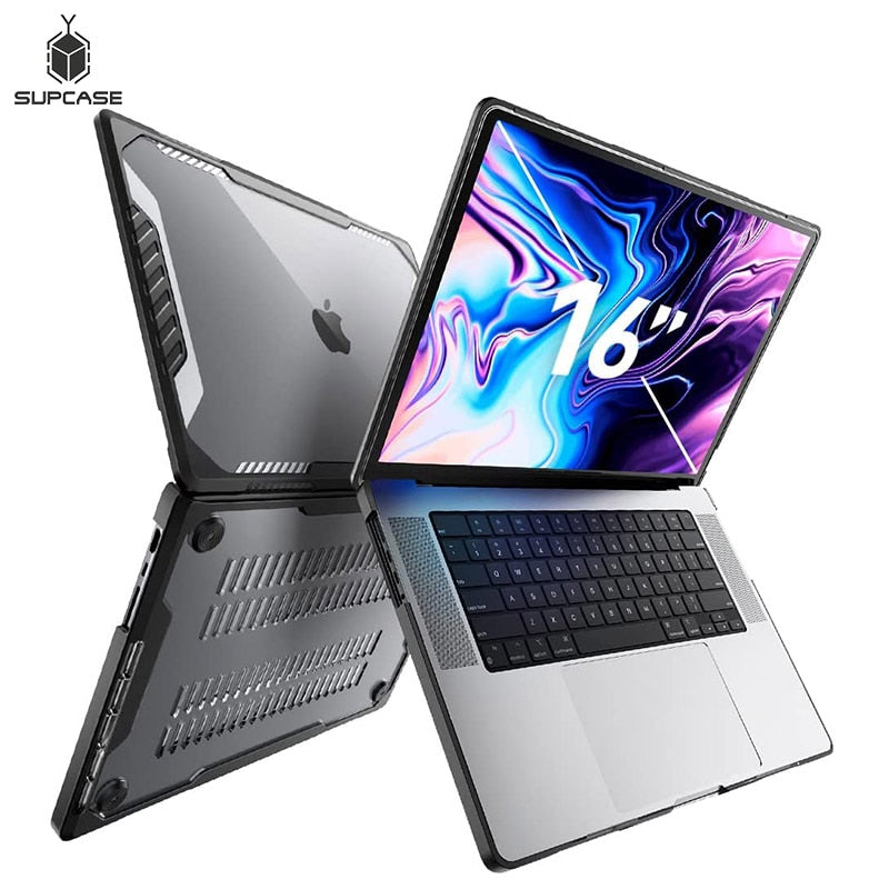 MacBook Pro 16 Case A2485 M1 Pro / M1 Max in black, showcasing dual layer hard shell design with TPU bumper and clear back.