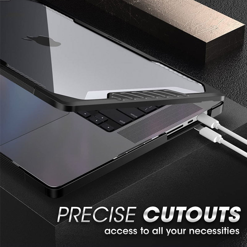 MacBook Pro 16 Case A2485 M1 Pro / M1 Max in black, showcasing dual layer hard shell design with TPU bumper and clear back.