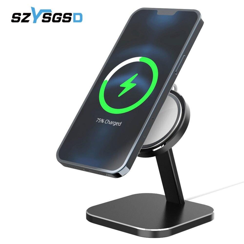 Magnetic Wireless Phone Charging Base Holder designed for iPhone 12 Pro Max and Mini, showcasing a sleek and modern design.