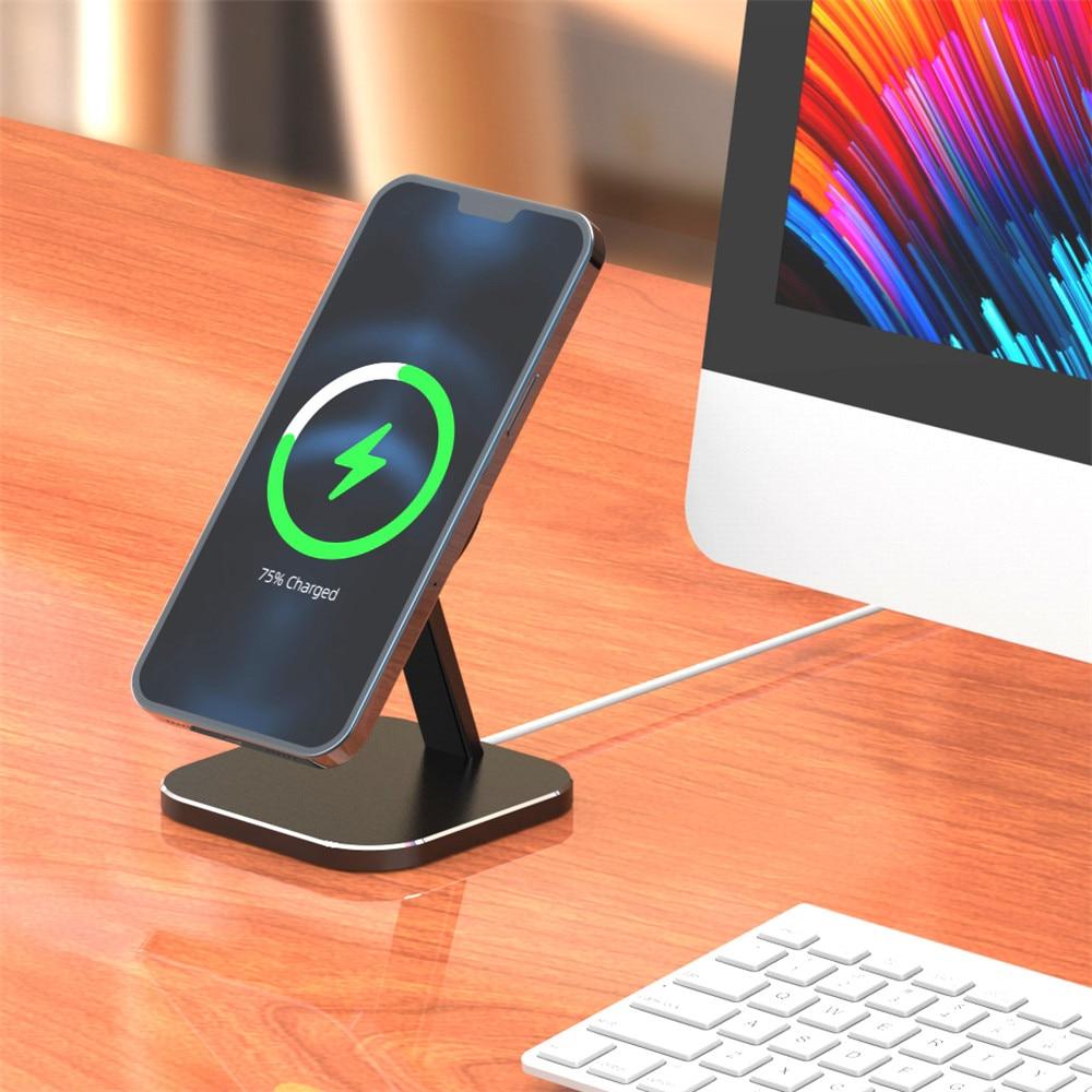 Magnetic Wireless Phone Charging Base Holder designed for iPhone 12 Pro Max and Mini, showcasing a sleek and modern design.