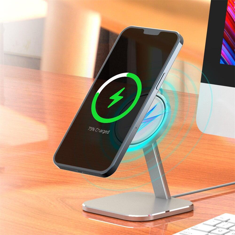 Magnetic Wireless Phone Charging Base Holder designed for iPhone 12 Pro Max and Mini, showcasing a sleek and modern design.