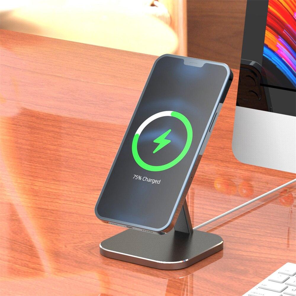 Magnetic Wireless Phone Charging Base Holder designed for iPhone 12 Pro Max and Mini, showcasing a sleek and modern design.