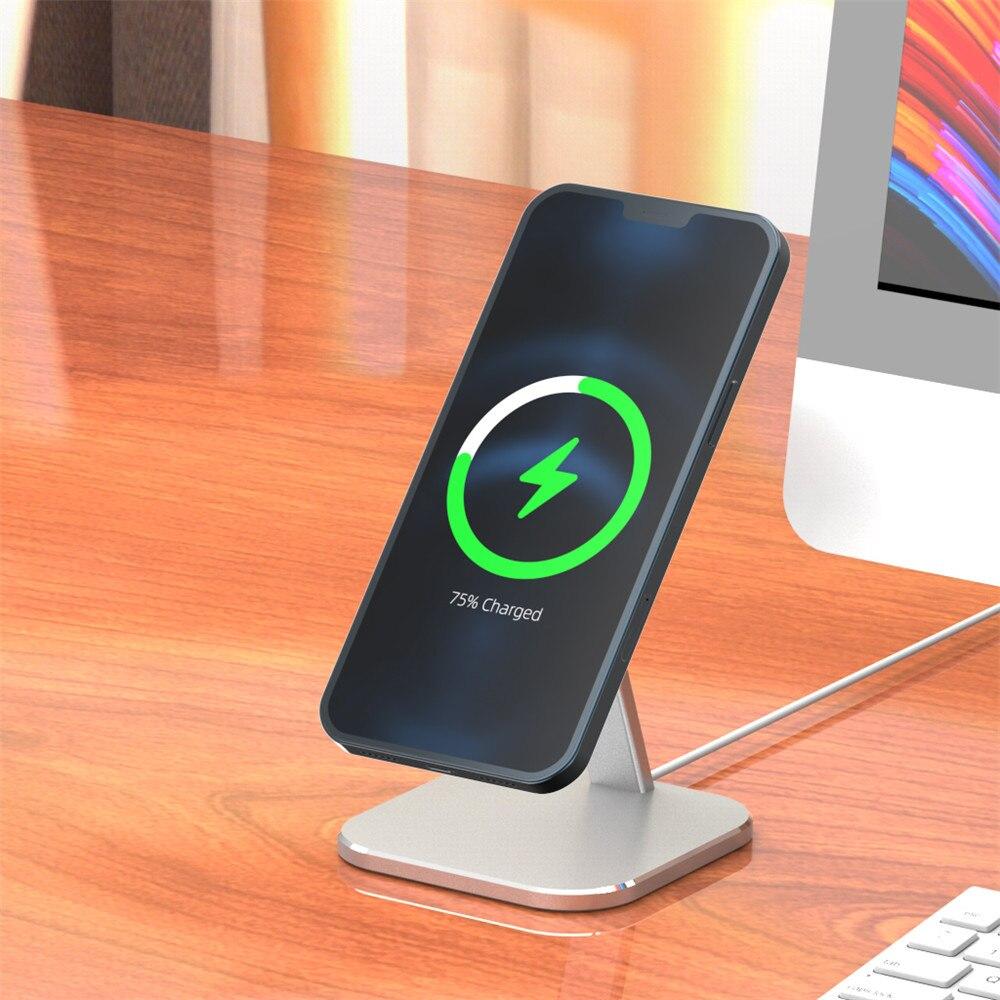 Magnetic Wireless Phone Charging Base Holder designed for iPhone 12 Pro Max and Mini, showcasing a sleek and modern design.