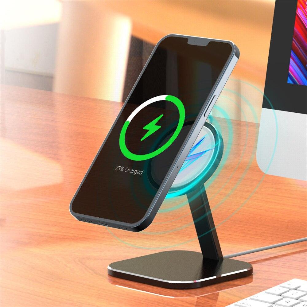 Magnetic Wireless Phone Charging Base Holder designed for iPhone 12 Pro Max and Mini, showcasing a sleek and modern design.