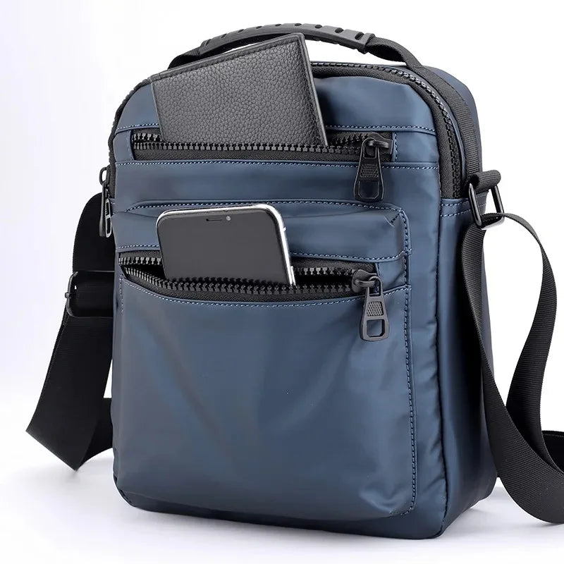 Man Classic Messenger Bag in high-quality nylon, showcasing its multifunctional design and compact size.