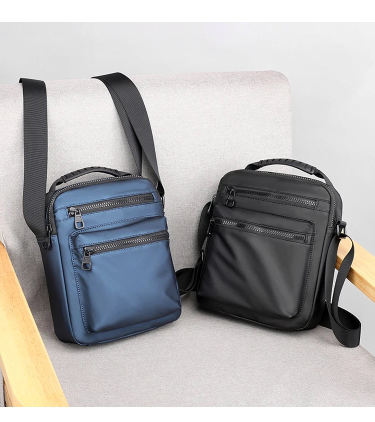 Man Classic Messenger Bag in high-quality nylon, showcasing its multifunctional design and compact size.