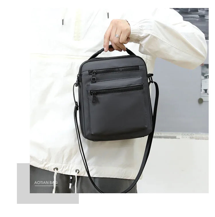 Man Classic Messenger Bag in high-quality nylon, showcasing its multifunctional design and compact size.