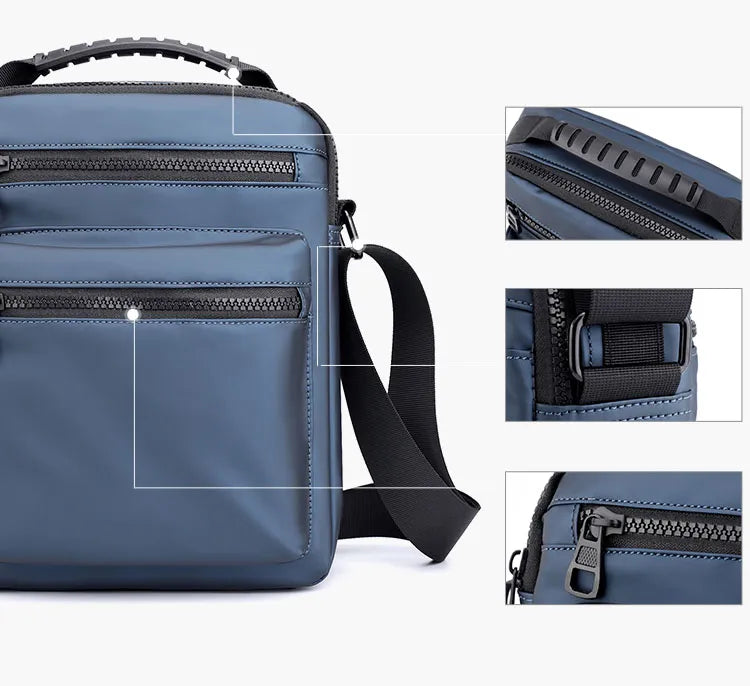 Man Classic Messenger Bag in high-quality nylon, showcasing its multifunctional design and compact size.