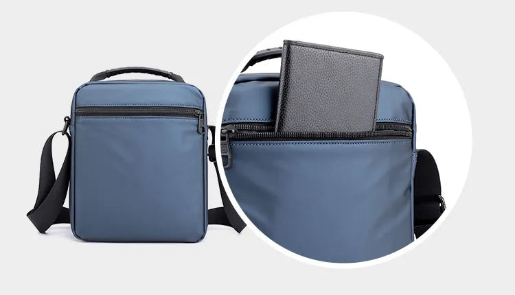 Man Classic Messenger Bag in high-quality nylon, showcasing its multifunctional design and compact size.