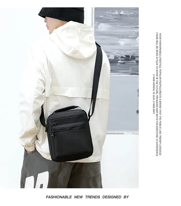 Man Classic Messenger Bag in high-quality nylon, showcasing its multifunctional design and compact size.