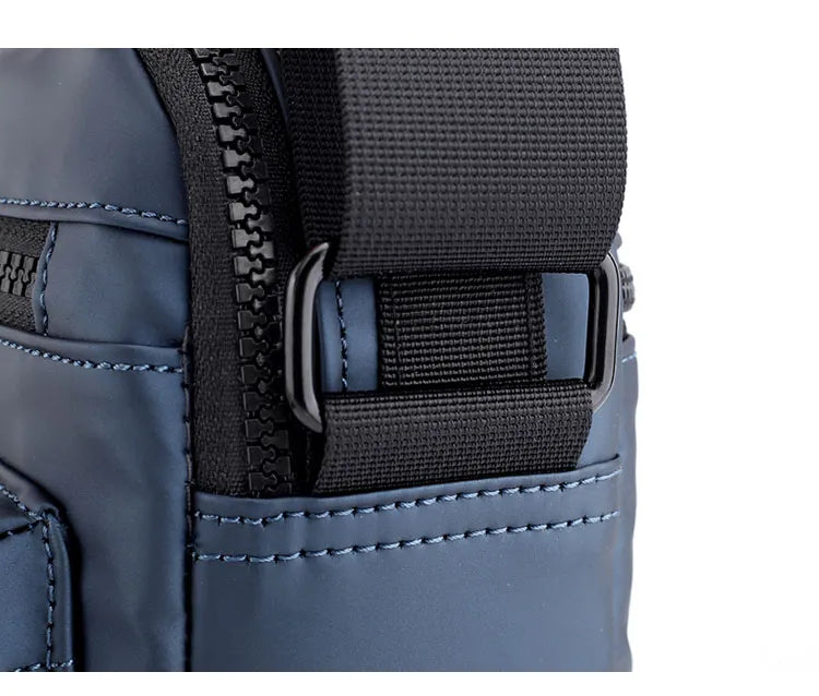 Man Classic Messenger Bag in high-quality nylon, showcasing its multifunctional design and compact size.