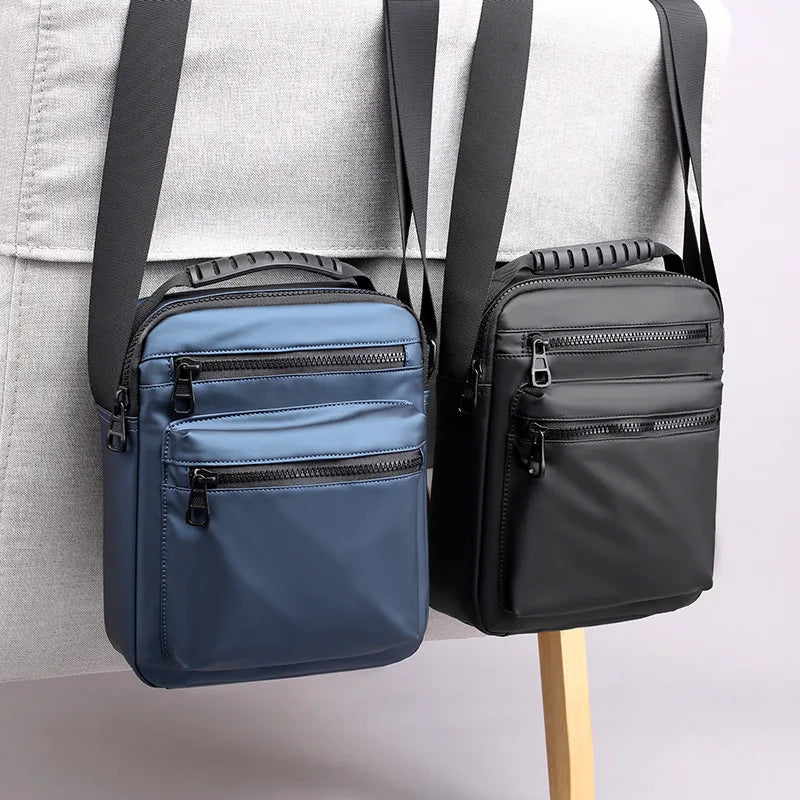 Man Classic Messenger Bag in high-quality nylon, showcasing its multifunctional design and compact size.