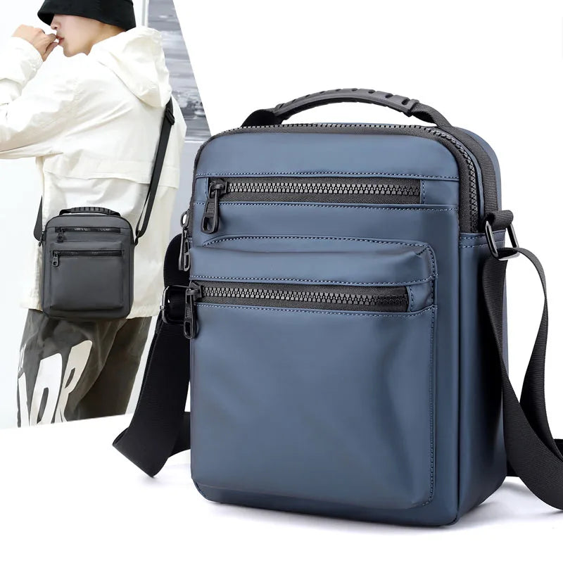 Man Classic Messenger Bag in high-quality nylon, showcasing its multifunctional design and compact size.