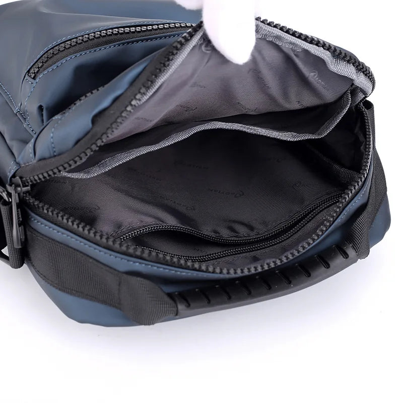 Man Classic Messenger Bag in high-quality nylon, showcasing its multifunctional design and compact size.