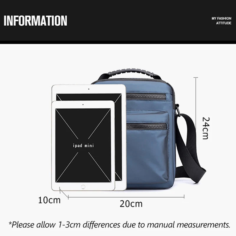 Man Classic Messenger Bag in high-quality nylon, showcasing its multifunctional design and compact size.