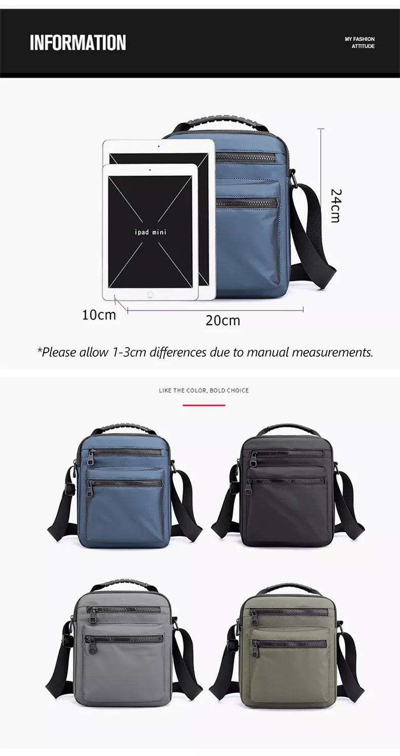 Man Classic Messenger Bag in high-quality nylon, showcasing its multifunctional design and compact size.