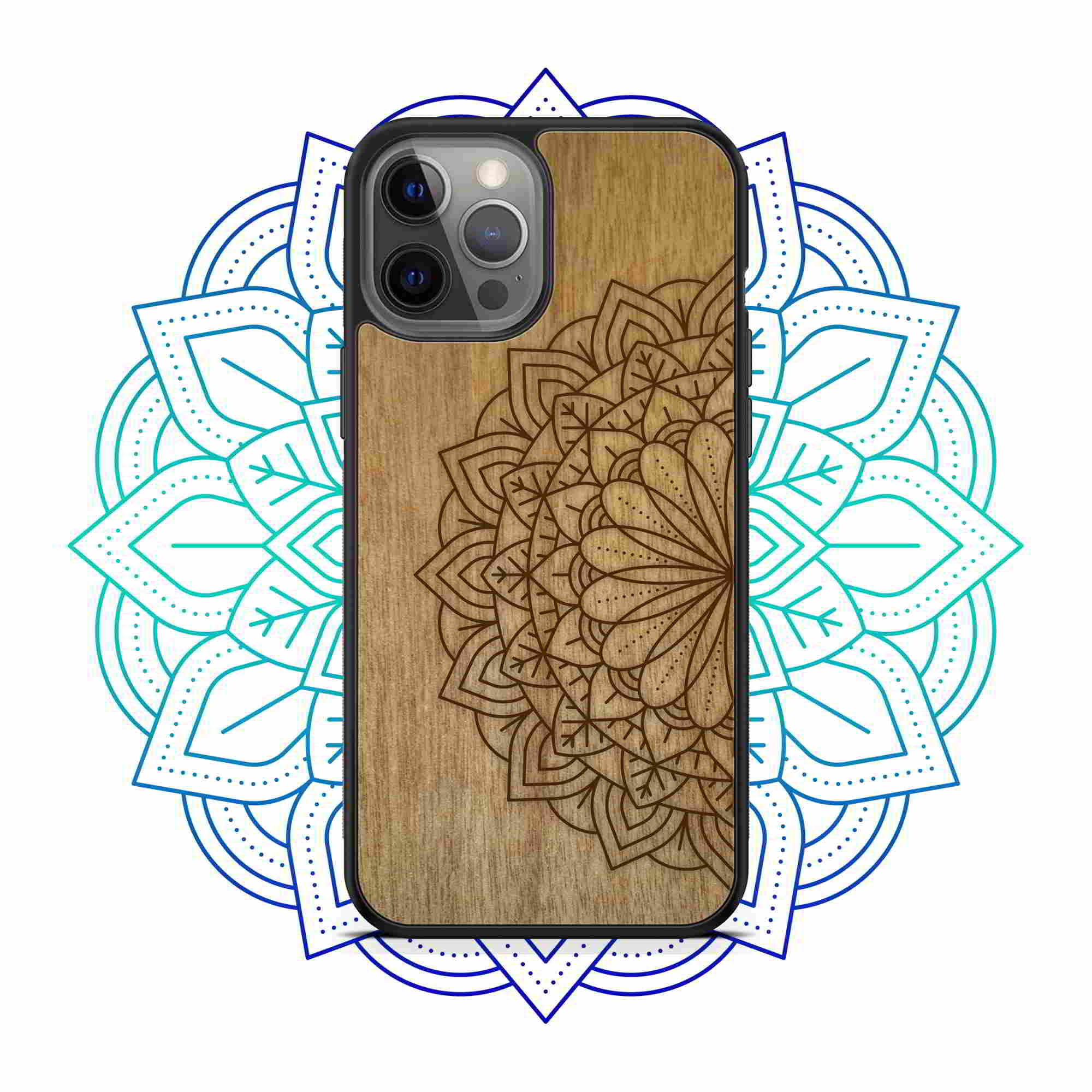 Engraved Mandala wooden phone case on Tanganika wood, showcasing intricate design and natural wood grain.