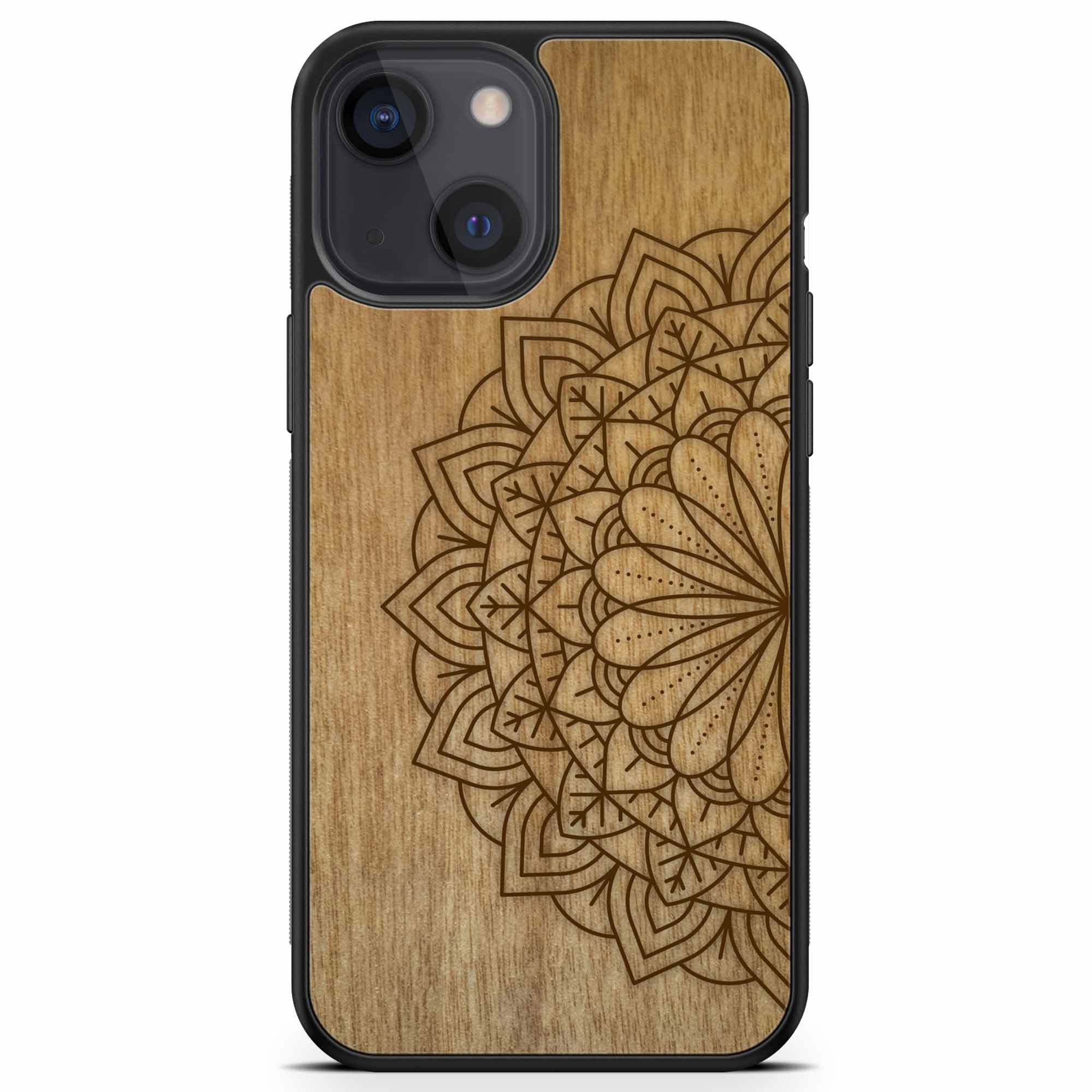 Engraved Mandala wooden phone case on Tanganika wood, showcasing intricate design and natural wood grain.