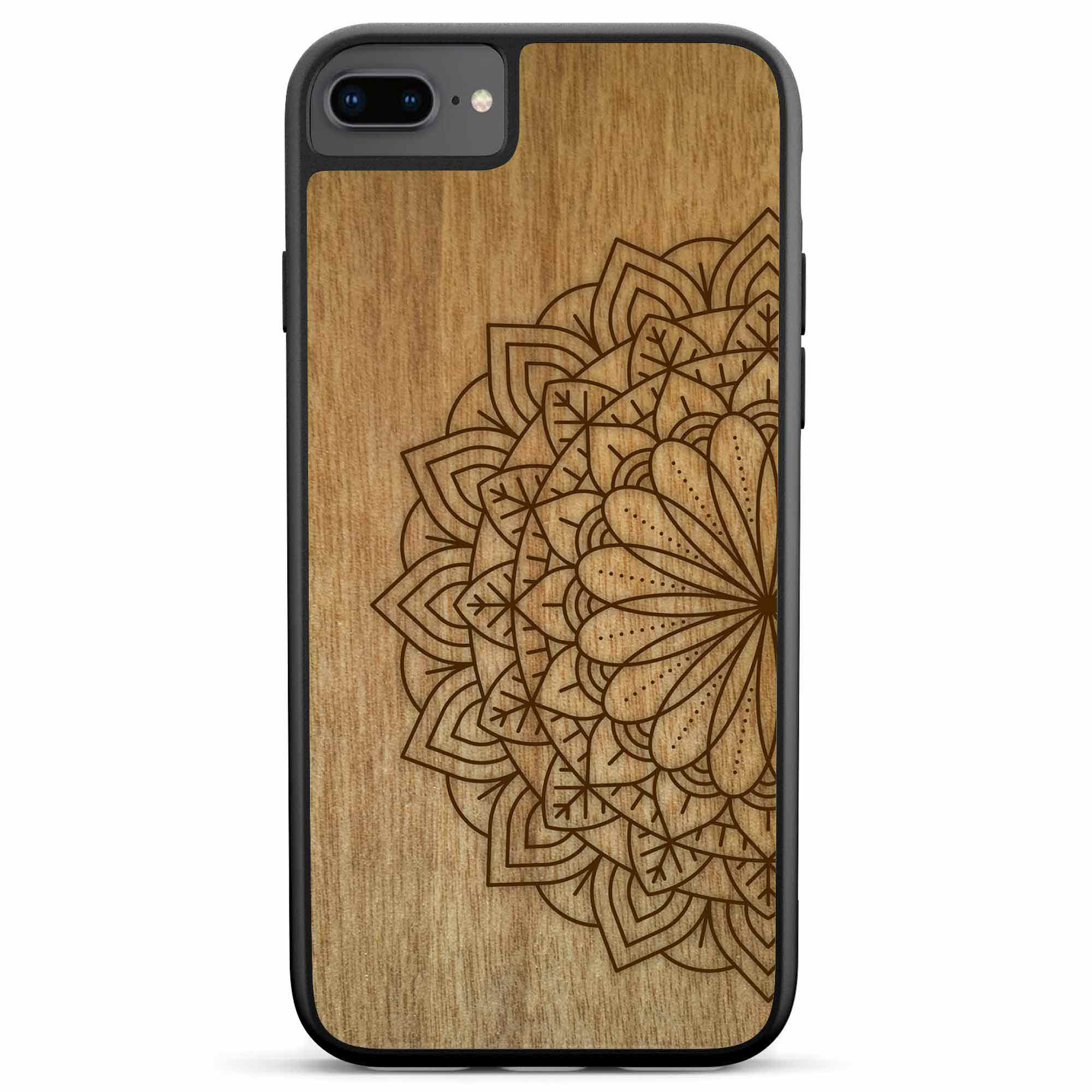 Engraved Mandala wooden phone case on Tanganika wood, showcasing intricate design and natural wood grain.