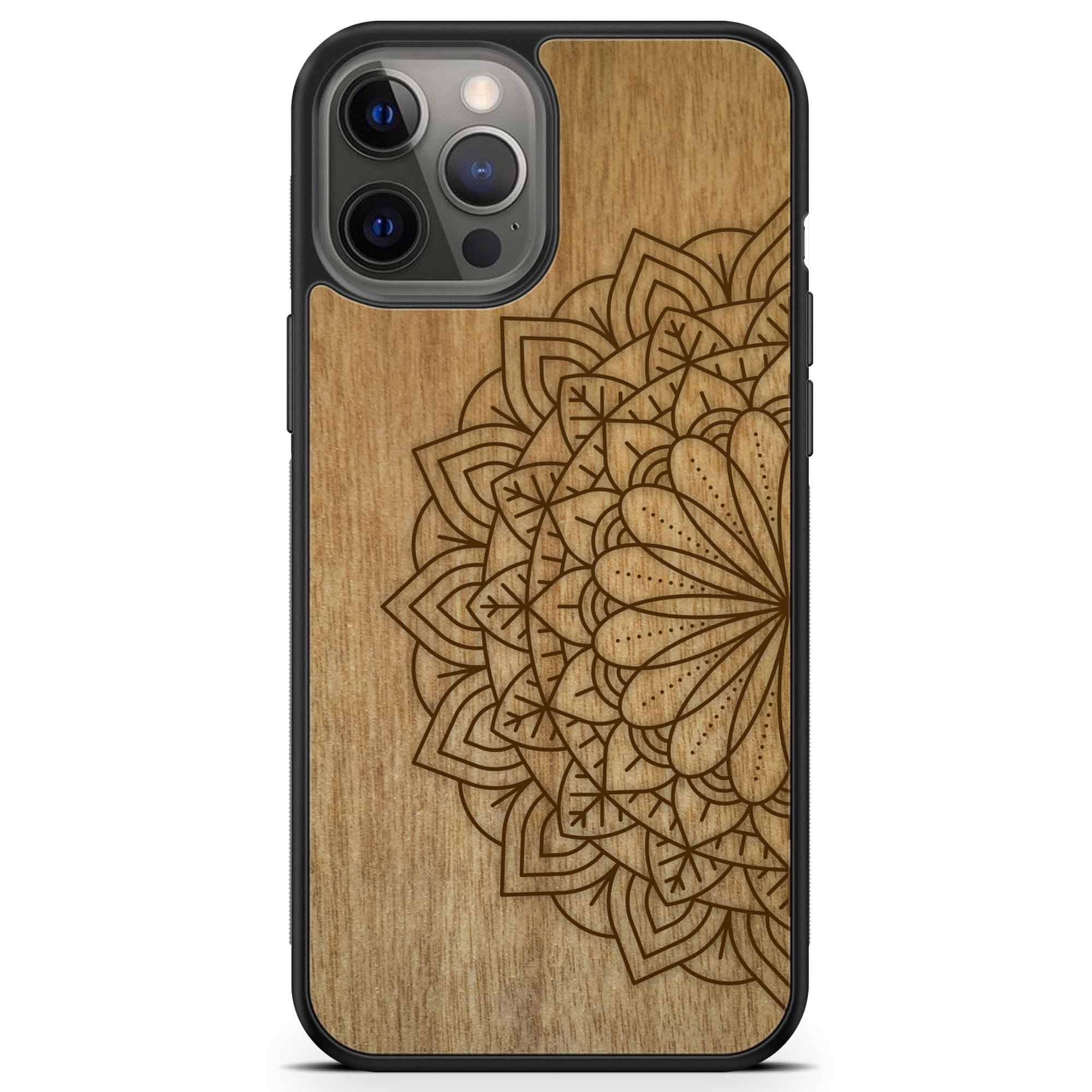 Engraved Mandala wooden phone case on Tanganika wood, showcasing intricate design and natural wood grain.