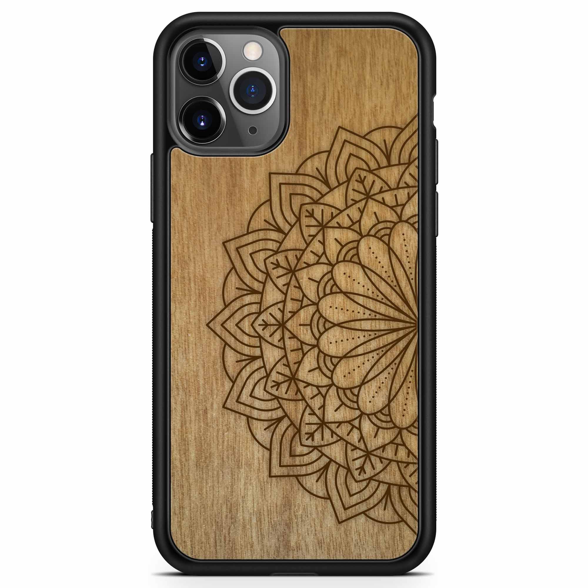 Engraved Mandala wooden phone case on Tanganika wood, showcasing intricate design and natural wood grain.