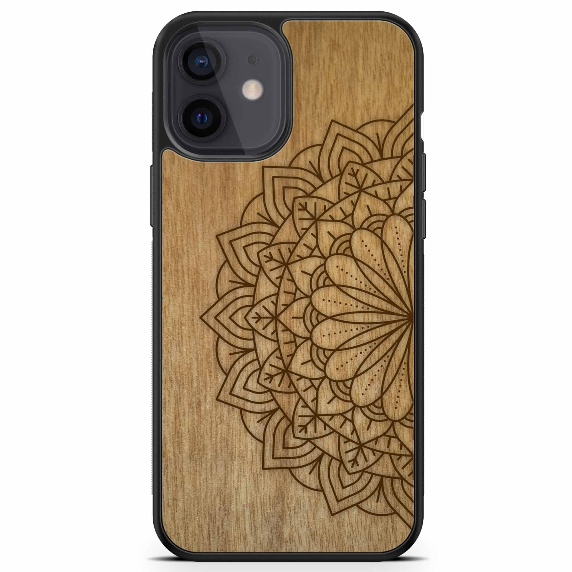 Engraved Mandala wooden phone case on Tanganika wood, showcasing intricate design and natural wood grain.