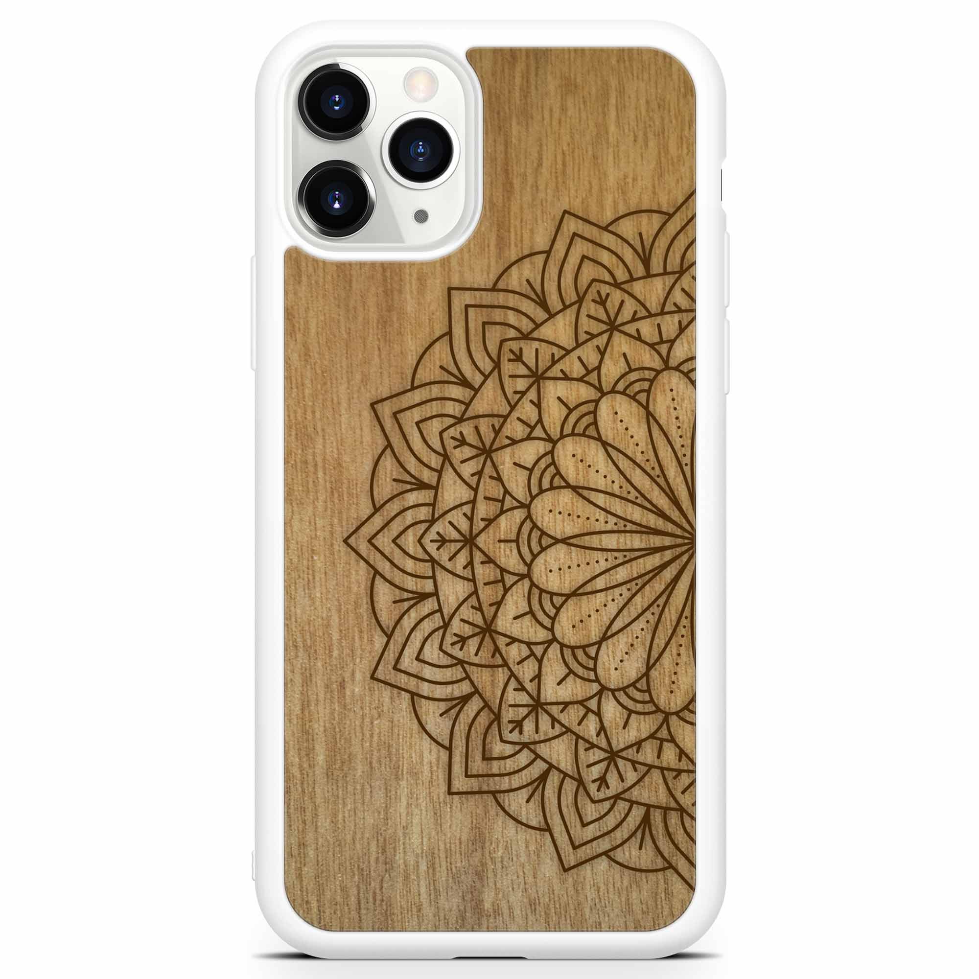 Engraved Mandala wooden phone case on Tanganika wood, showcasing intricate design and natural wood grain.