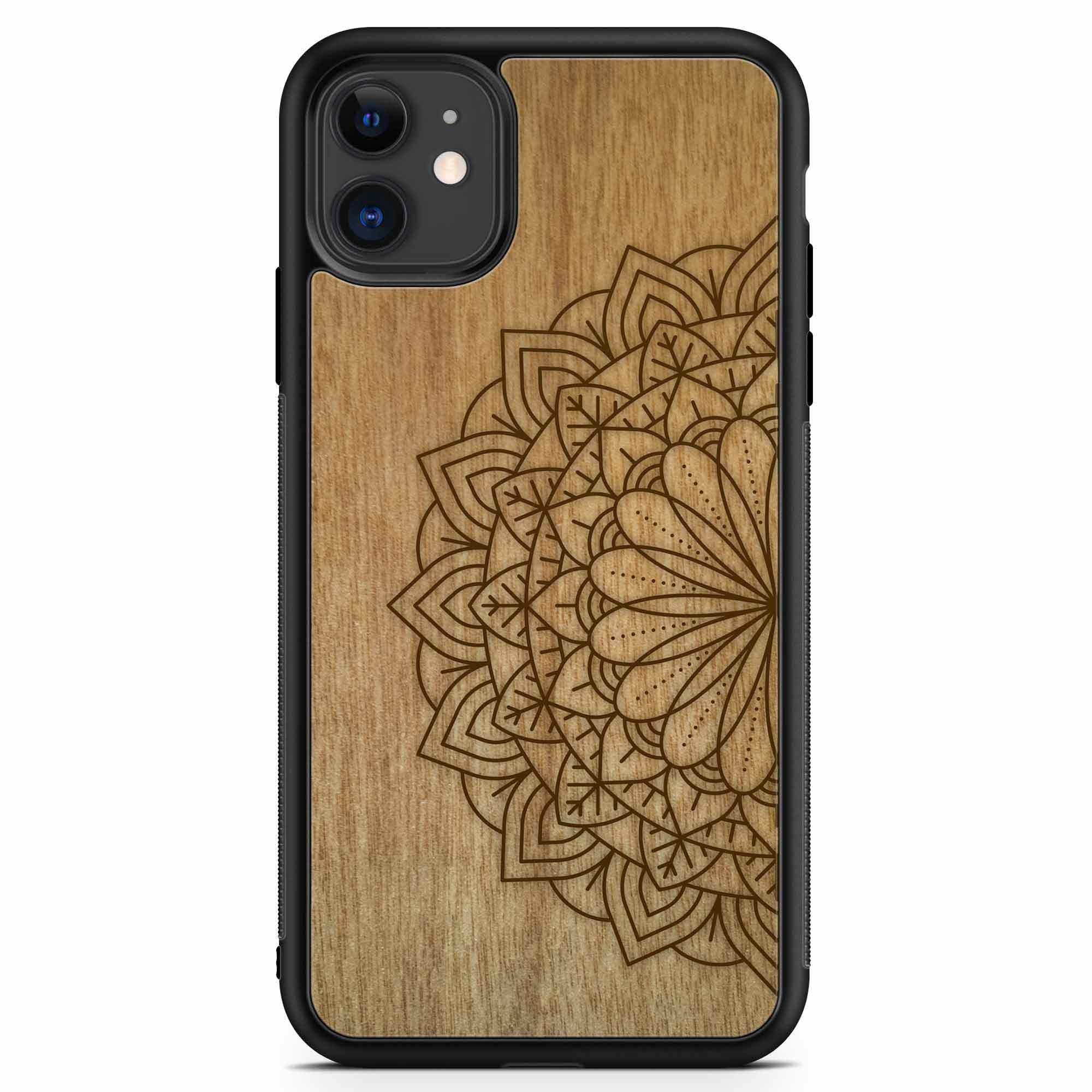 Engraved Mandala wooden phone case on Tanganika wood, showcasing intricate design and natural wood grain.