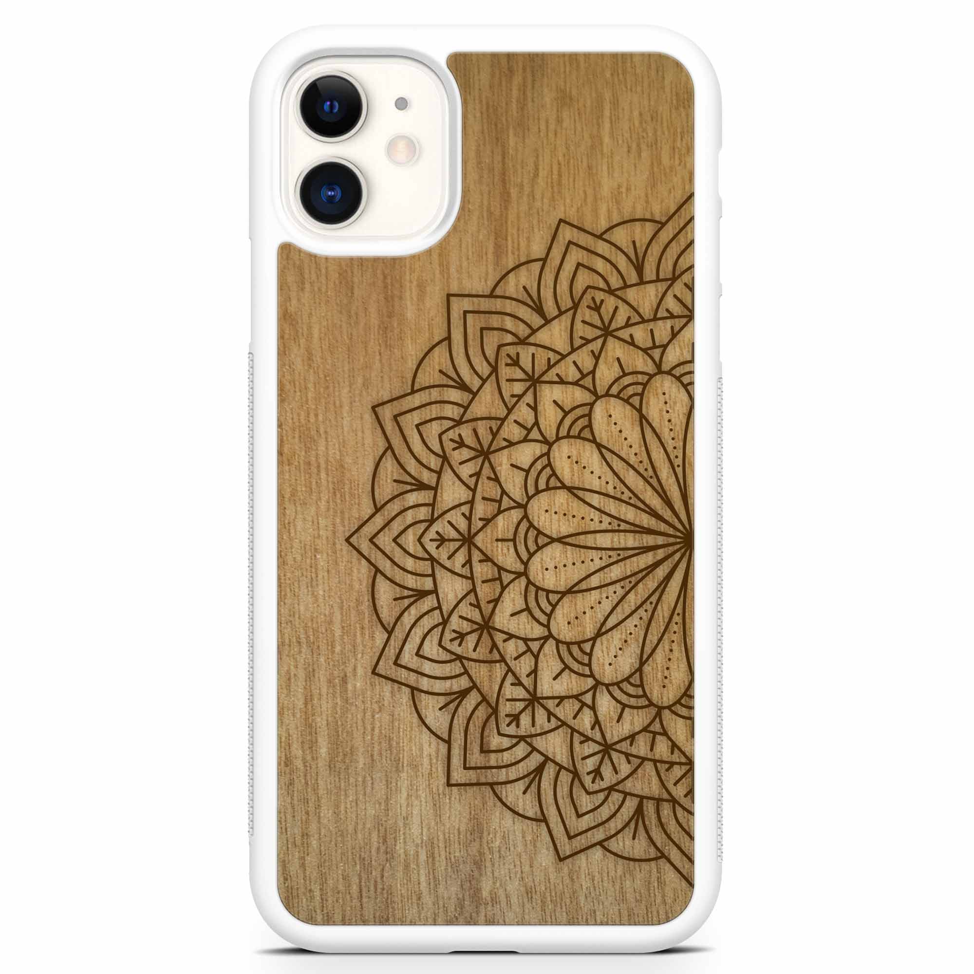 Engraved Mandala wooden phone case on Tanganika wood, showcasing intricate design and natural wood grain.