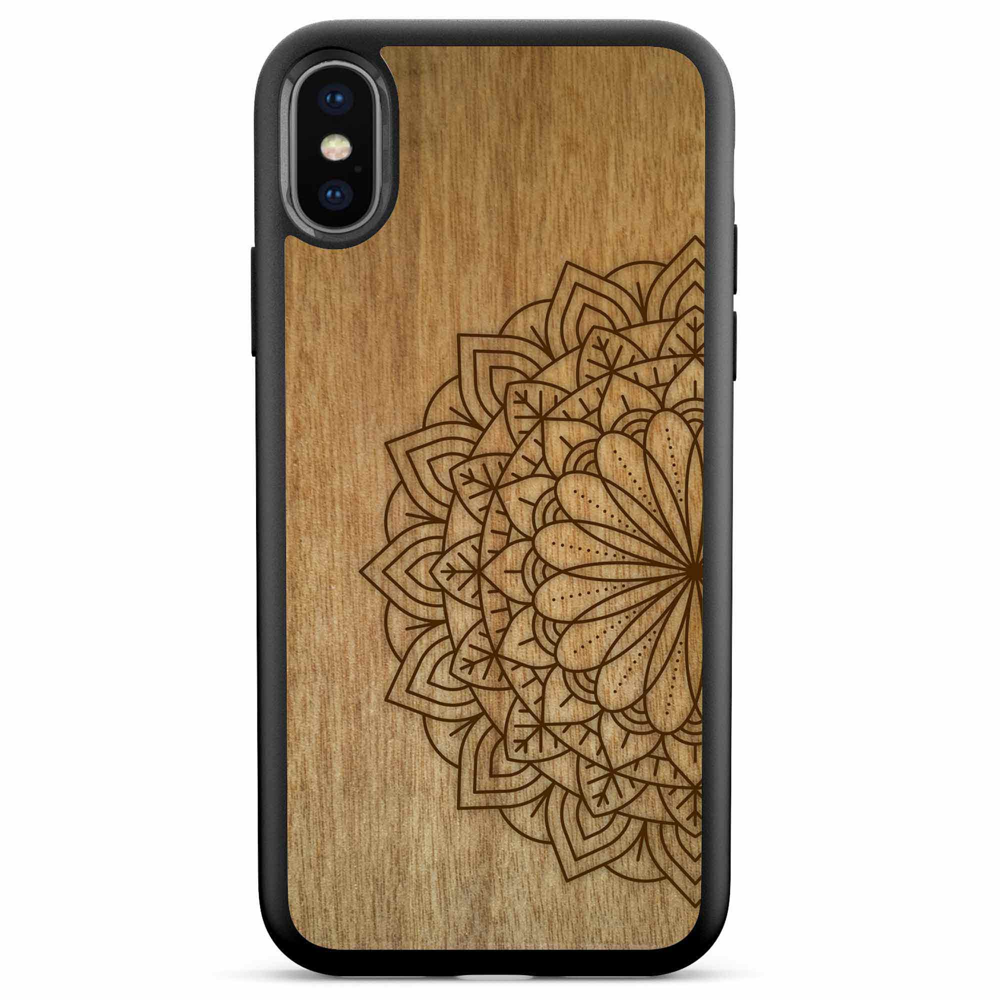 Engraved Mandala wooden phone case on Tanganika wood, showcasing intricate design and natural wood grain.