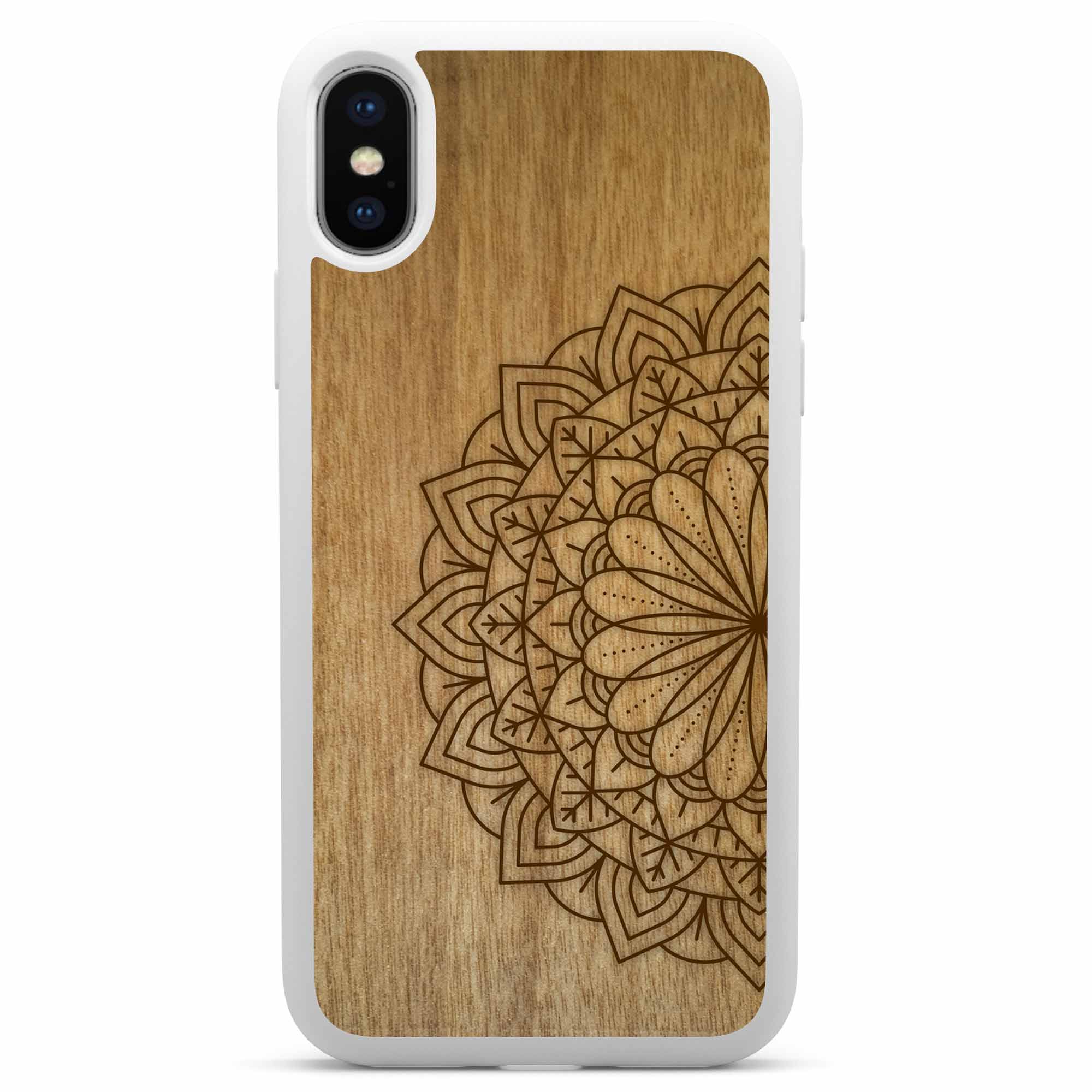 Engraved Mandala wooden phone case on Tanganika wood, showcasing intricate design and natural wood grain.