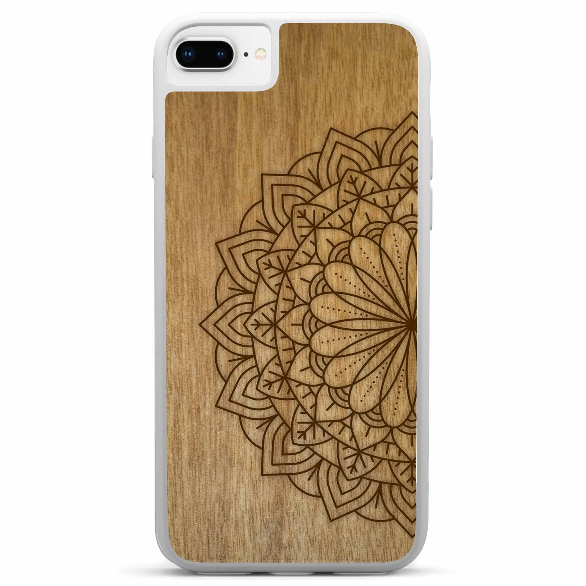 Engraved Mandala wooden phone case on Tanganika wood, showcasing intricate design and natural wood grain.