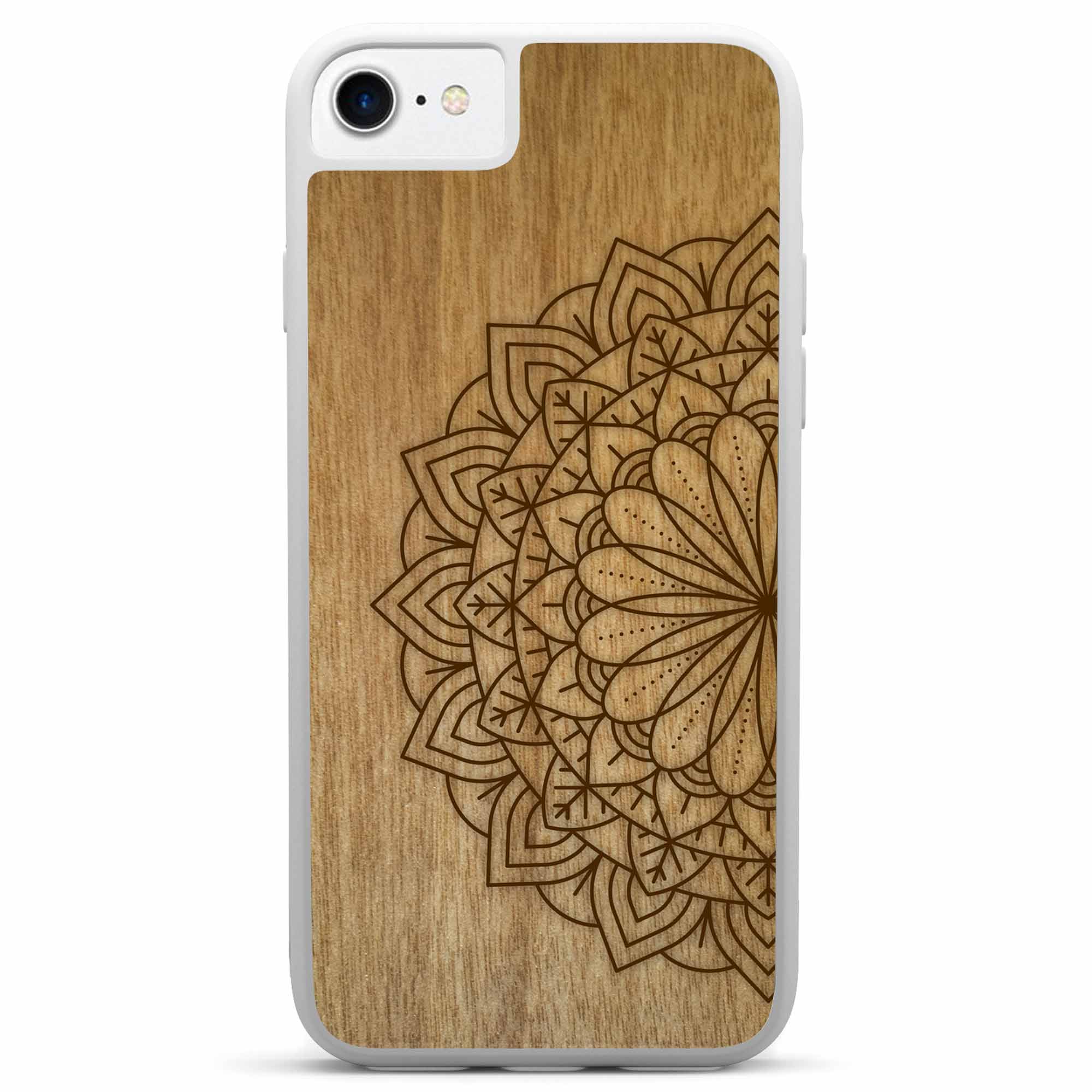 Engraved Mandala wooden phone case on Tanganika wood, showcasing intricate design and natural wood grain.