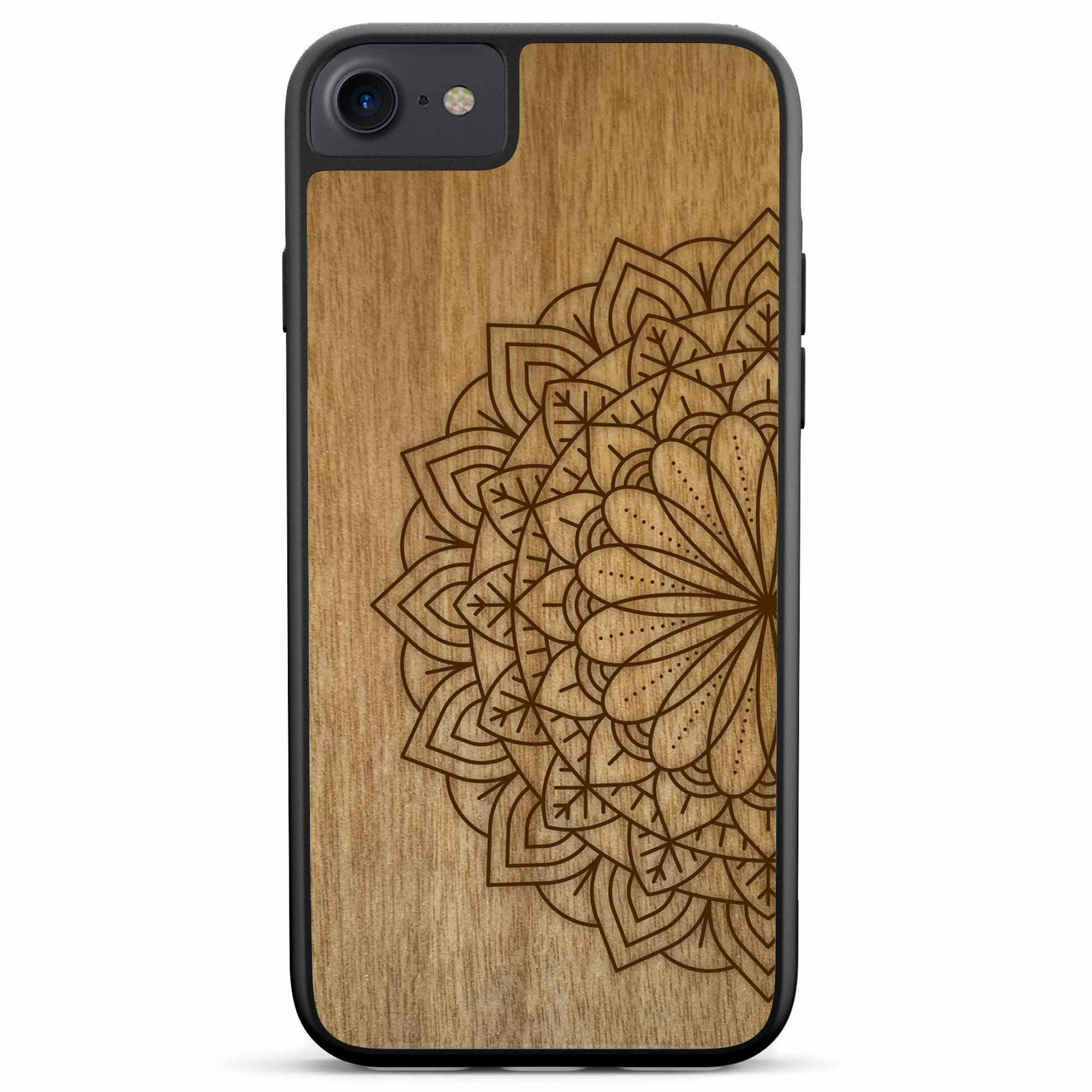 Engraved Mandala wooden phone case on Tanganika wood, showcasing intricate design and natural wood grain.