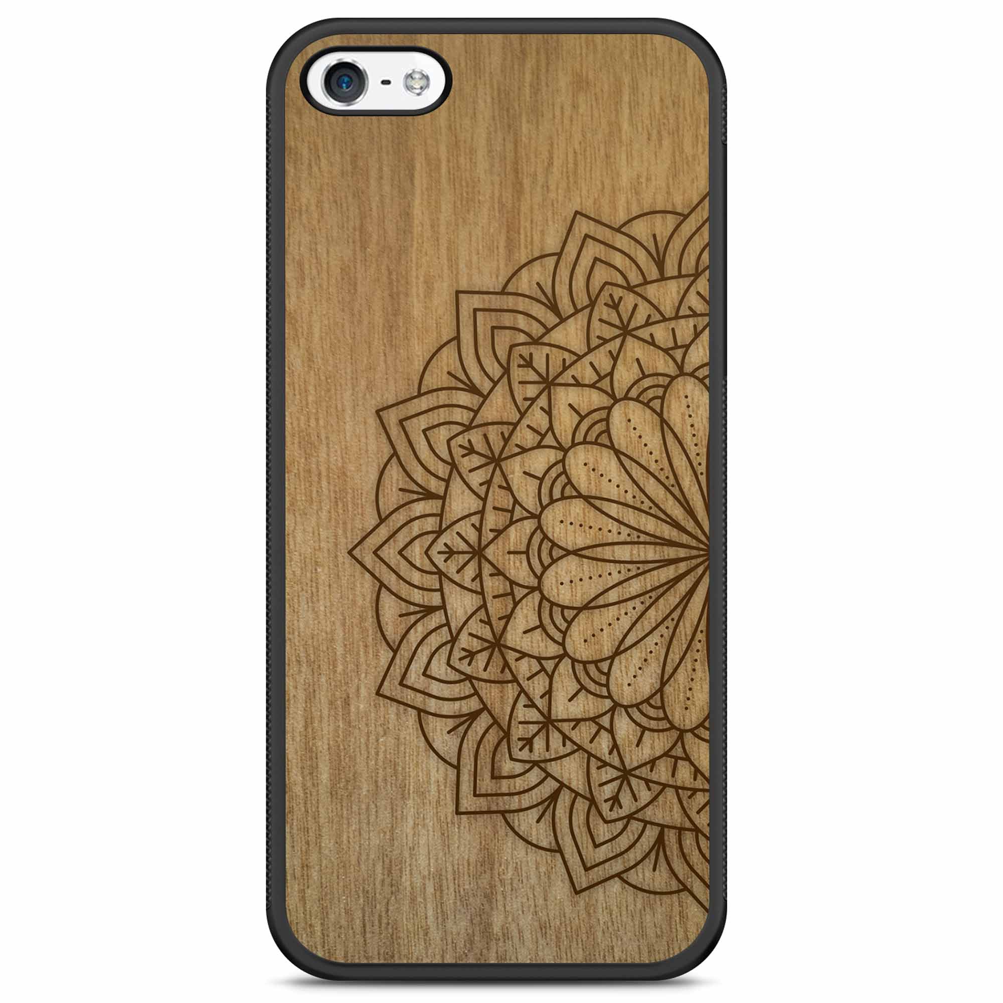 Engraved Mandala wooden phone case on Tanganika wood, showcasing intricate design and natural wood grain.