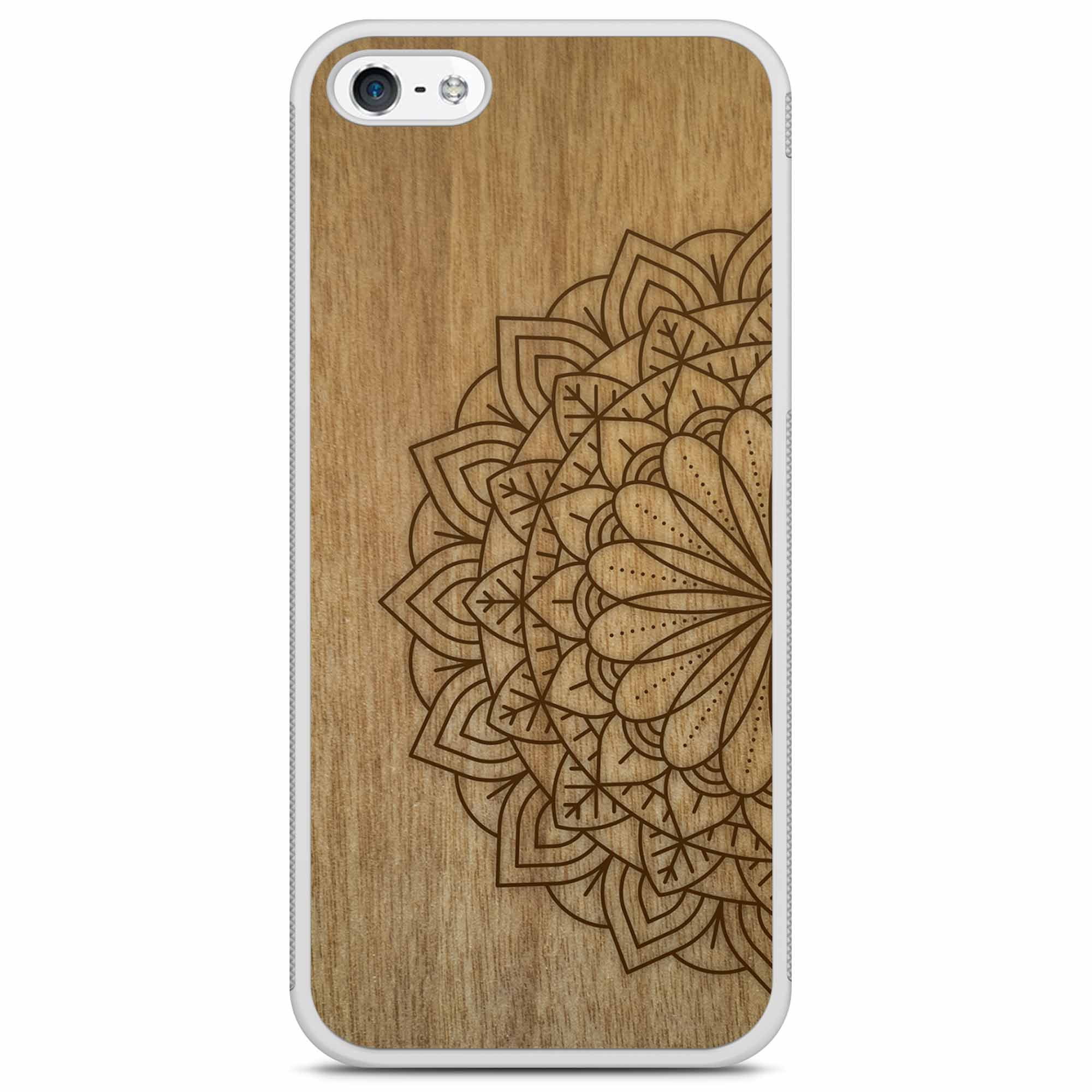 Engraved Mandala wooden phone case on Tanganika wood, showcasing intricate design and natural wood grain.