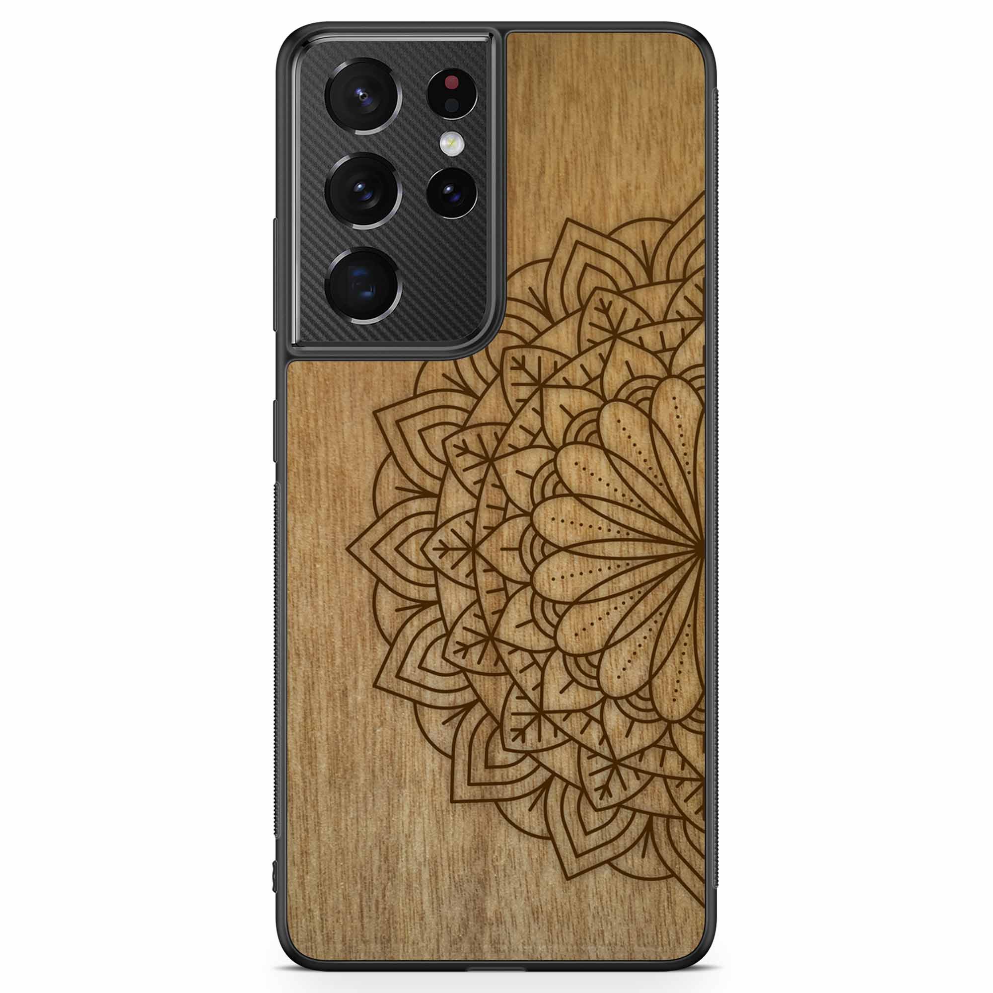 Engraved Mandala wooden phone case on Tanganika wood, showcasing intricate design and natural wood grain.