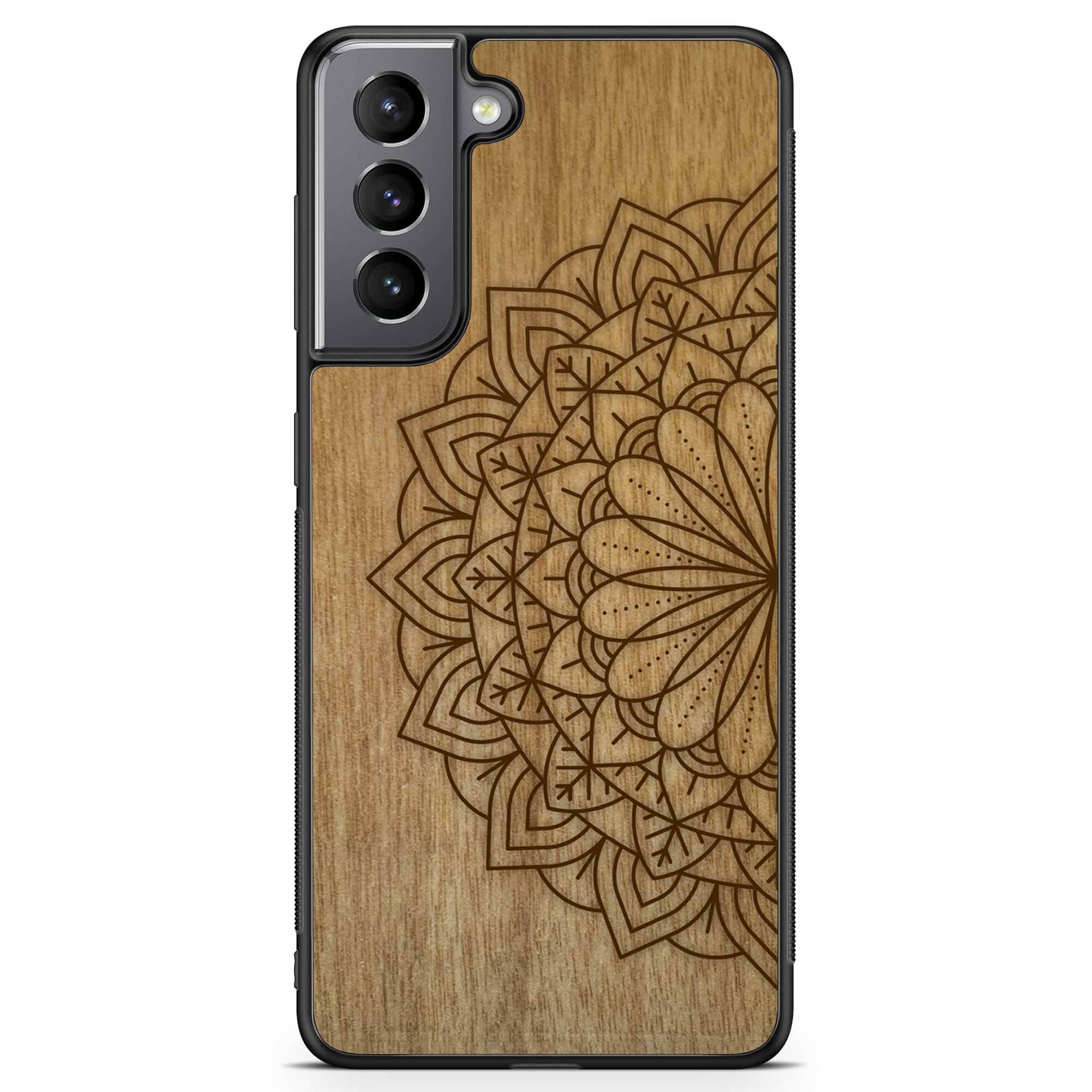 Engraved Mandala wooden phone case on Tanganika wood, showcasing intricate design and natural wood grain.