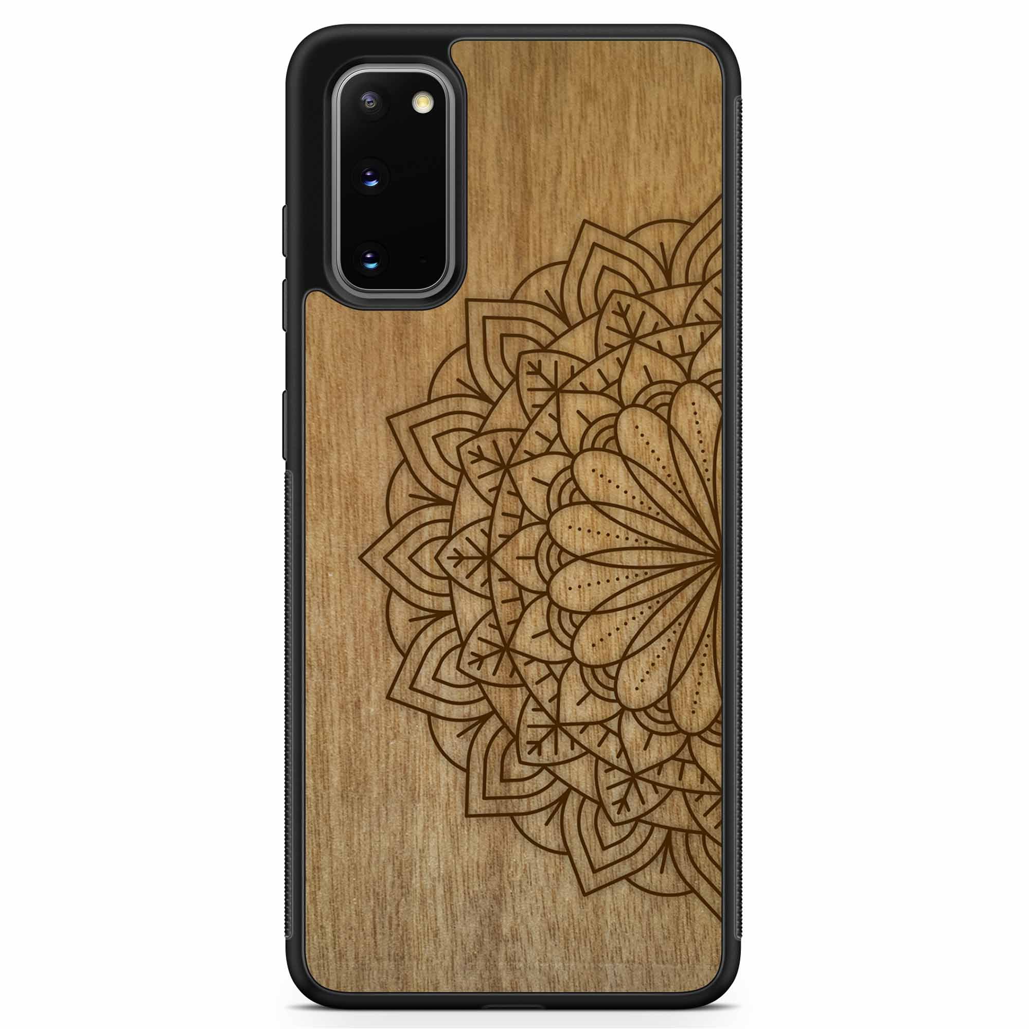 Engraved Mandala wooden phone case on Tanganika wood, showcasing intricate design and natural wood grain.