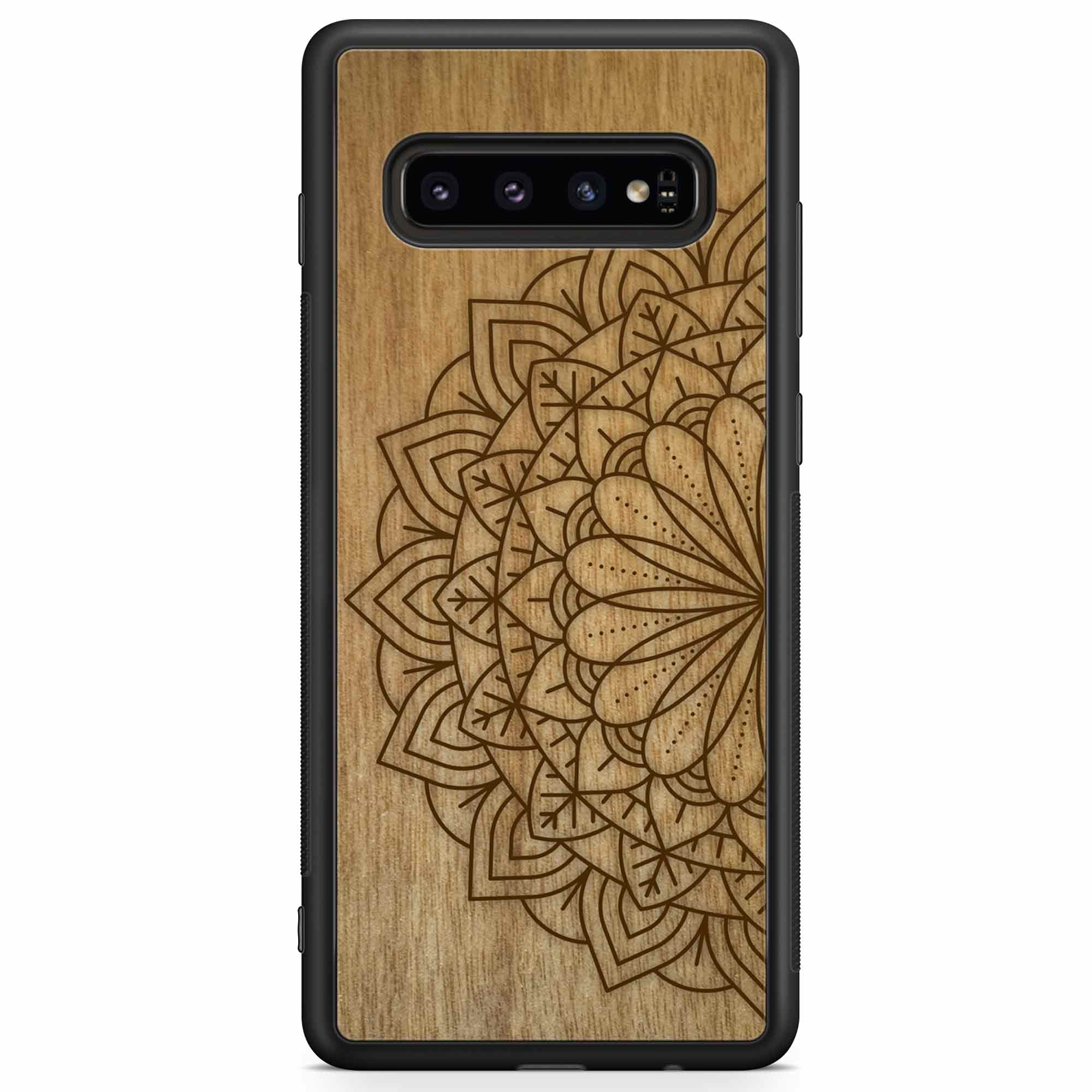 Engraved Mandala wooden phone case on Tanganika wood, showcasing intricate design and natural wood grain.