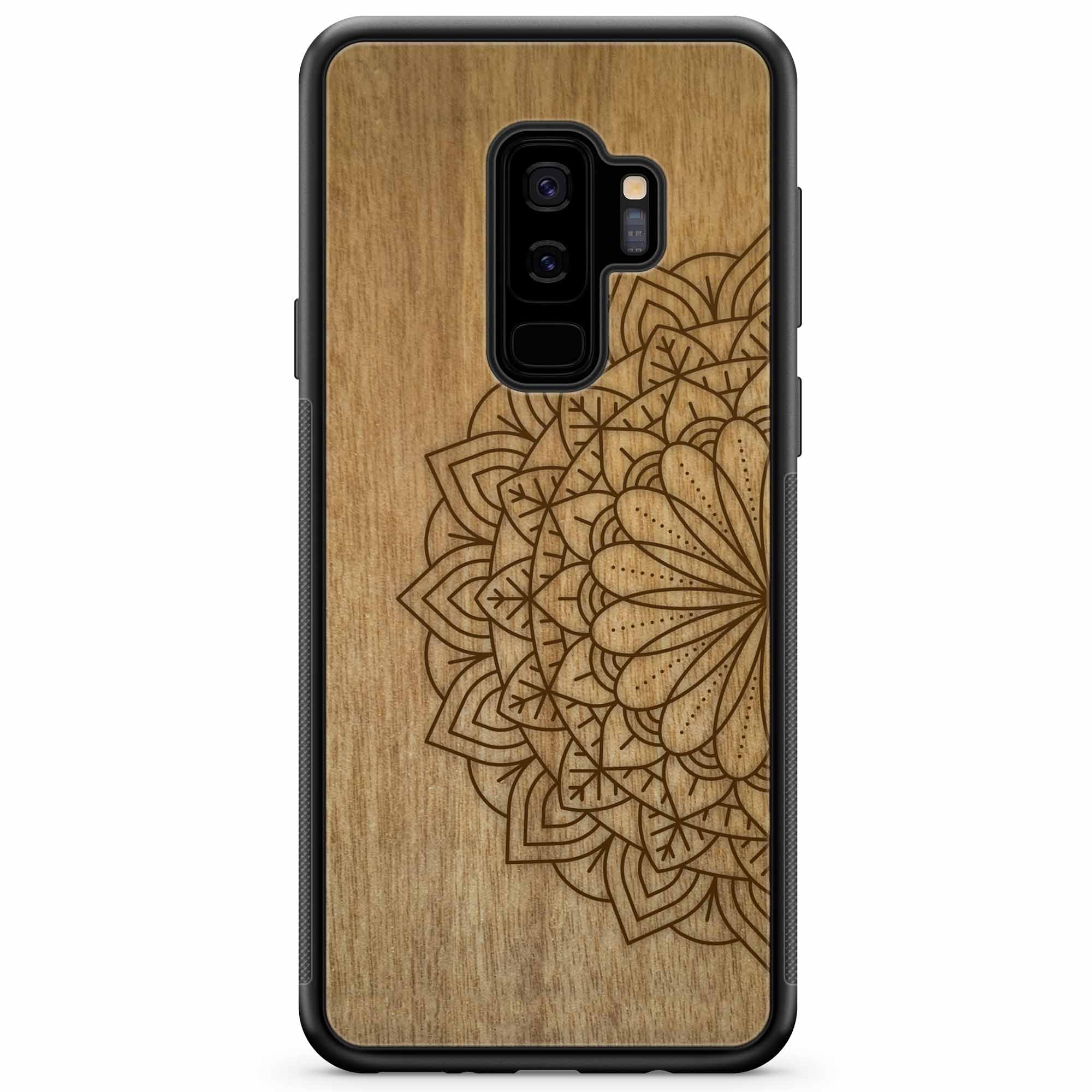 Engraved Mandala wooden phone case on Tanganika wood, showcasing intricate design and natural wood grain.